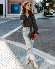 Grandview Printed Drawstring Drape Blouse - Charcoal Oshnow