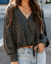 Grandview Printed Drawstring Drape Blouse - Charcoal Oshnow