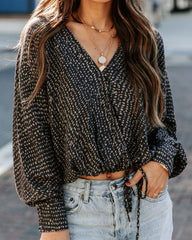 Grandview Printed Drawstring Drape Blouse - Charcoal Oshnow