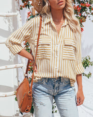 Greenport Cotton Blend Striped Button Down Top - Dijon Oshnow