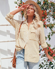 Greenport Cotton Blend Striped Button Down Top - Dijon Oshnow