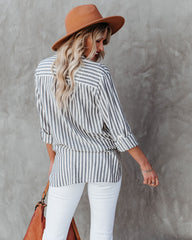 Greenport Cotton Blend Striped Button Down Top - Ink Oshnow