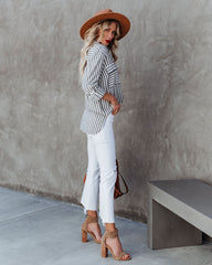 Greenport Cotton Blend Striped Button Down Top - Ink Oshnow