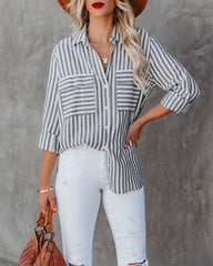 Greenport Cotton Blend Striped Button Down Top - Ink Oshnow