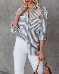 Greenport Cotton Blend Striped Button Down Top - Ink Oshnow