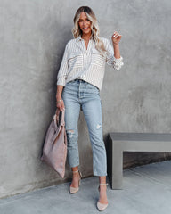 Greenport Cotton Blend Striped Button Down Top - Taupe Oshnow