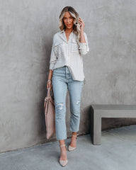Greenport Cotton Blend Striped Button Down Top - Taupe Oshnow
