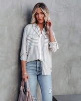 Greenport Cotton Blend Striped Button Down Top - Taupe Oshnow