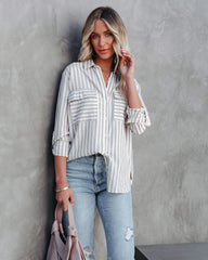 Greenport Cotton Blend Striped Button Down Top - Taupe Oshnow