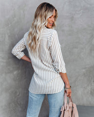 Greenport Cotton Blend Striped Button Down Top - Taupe Oshnow