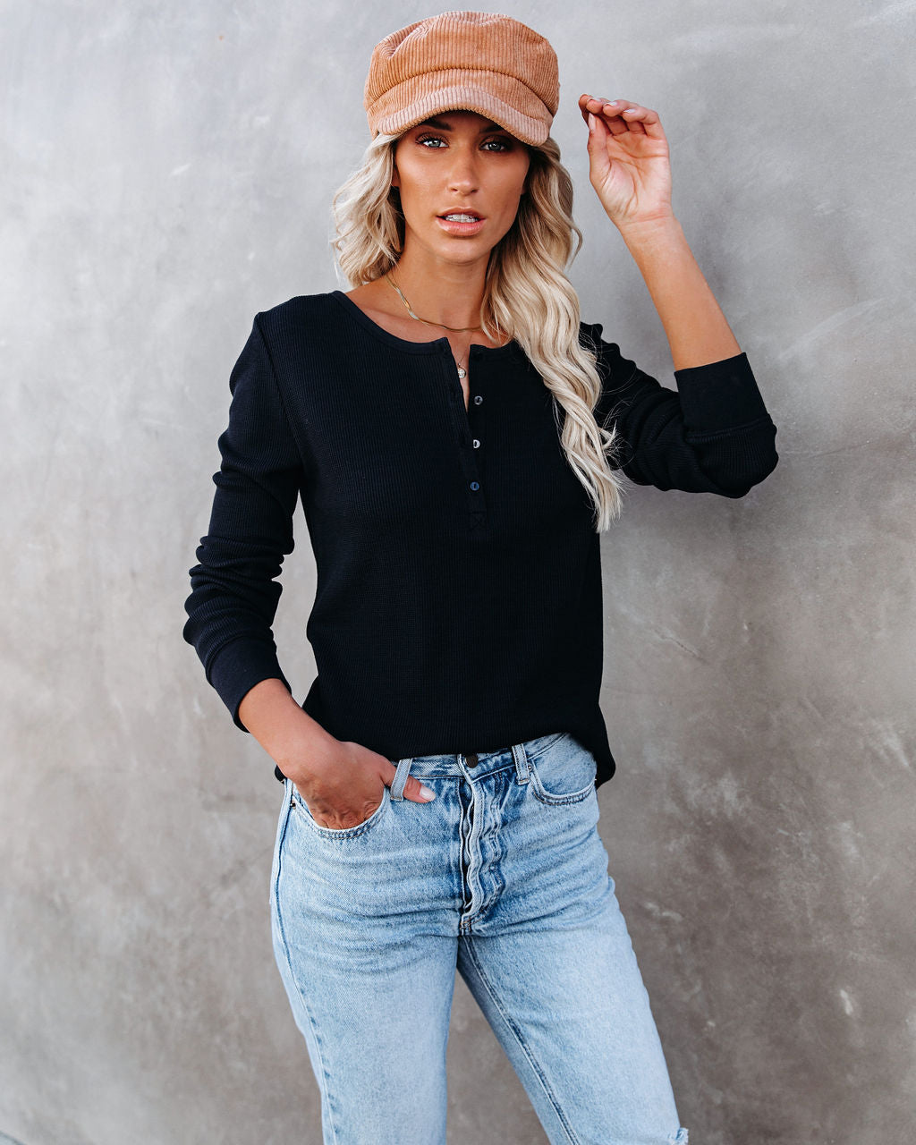 Gwen Cotton + Modal Thermal Henley Top - Black Oshnow