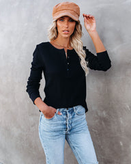Gwen Cotton + Modal Thermal Henley Top - Black Oshnow