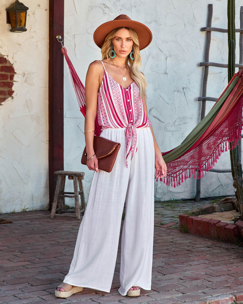 Hadia Woven Button Down Tie Tank - Red Oshnow