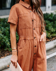 Halsey Cotton Pocketed Jumpsuit - Terracotta Oshnow