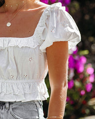 Hana Cotton Eyelet Puff Sleeve Crop Top - White Oshnow