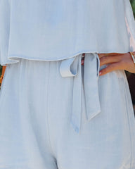 Hania Linen Blend Tie Strap Romper - Light Blue Oshnow
