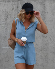 Harbor Dates Knit Half Zip Pocketed Romper - Dusty Blue Oshnow