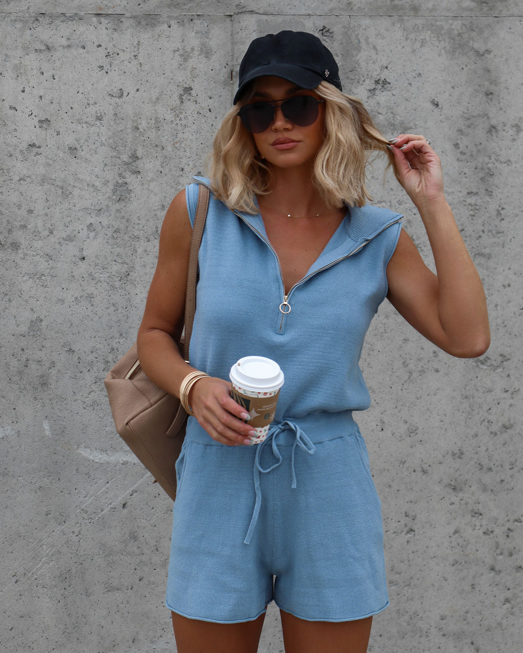 Harbor Dates Knit Half Zip Pocketed Romper - Dusty Blue Oshnow