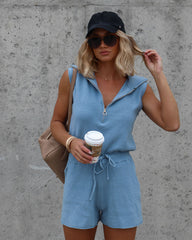 Harbor Dates Knit Half Zip Pocketed Romper - Dusty Blue Oshnow
