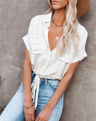Harlem Linen Blend Button Down Drawstring Top Oshnow