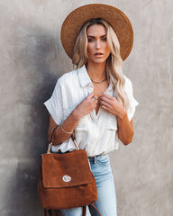Harlem Linen Blend Button Down Drawstring Top Oshnow