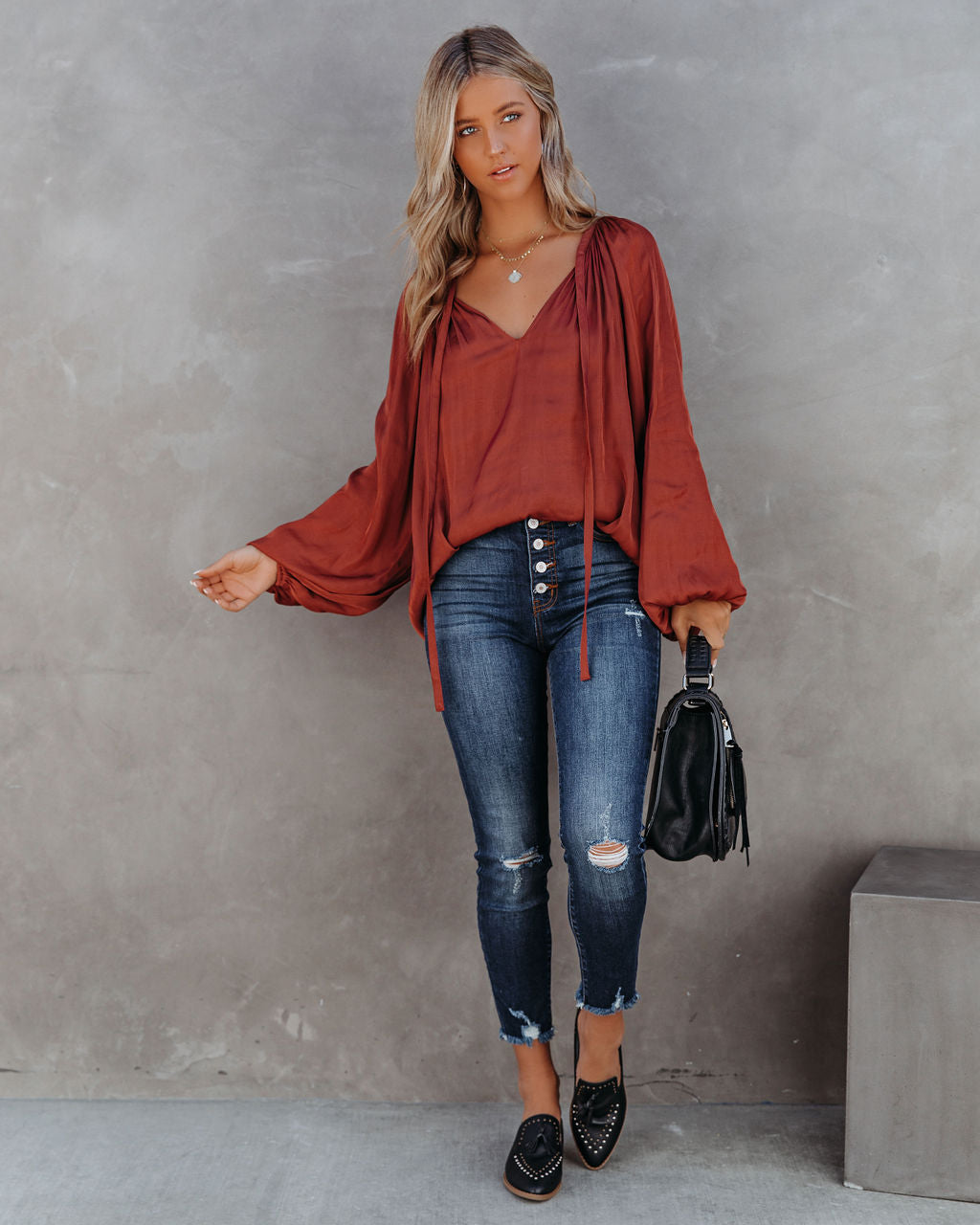 Harrow Satin Split Neck Blouse - Burgundy Oshnow
