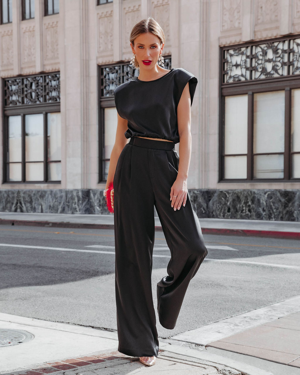 Hartford Satin Pocketed Wide Leg Pants - Black Oshnow