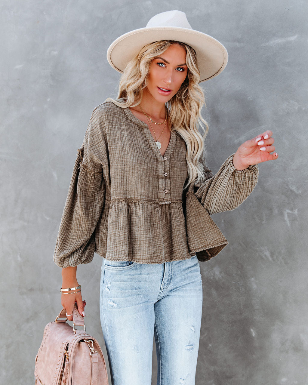 Havasu Crop Babydoll Top - Taupe Oshnow