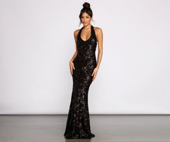 Haven Formal Sequin Scroll Halter Dress Oshnow