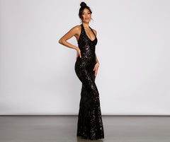 Haven Formal Sequin Scroll Halter Dress Oshnow
