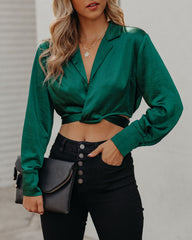 Hazely Satin Wrap Crop Blouse - Pine Oshnow