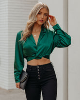 Hazely Satin Wrap Crop Blouse - Pine Oshnow