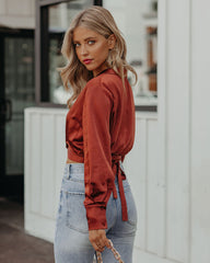 Hazely Satin Wrap Crop Blouse - Rust Oshnow