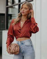Hazely Satin Wrap Crop Blouse - Rust Oshnow