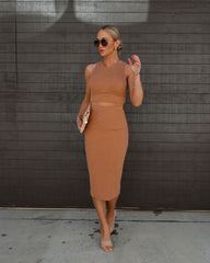 Head In The Clouds Ribbed Knit Midi Skirt - Camel Oshnow