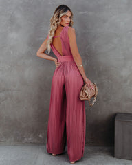 High Tea Pleated Wide Leg Belted Jumpsuit - Dark Rose Oshnow