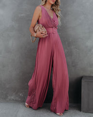 High Tea Pleated Wide Leg Belted Jumpsuit - Dark Rose Oshnow