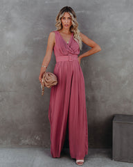 High Tea Pleated Wide Leg Belted Jumpsuit - Dark Rose Oshnow