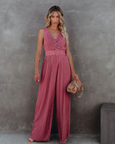 High Tea Pleated Wide Leg Belted Jumpsuit - Dark Rose Oshnow