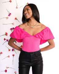 Highly Involved Ribbed Cotton Off The Shoulder Bodysuit - Pink Oshnow