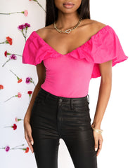 Highly Involved Ribbed Cotton Off The Shoulder Bodysuit - Pink Oshnow