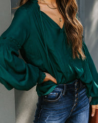 Hollis Satin Smocked Ruffle Blouse - Deep Green Oshnow