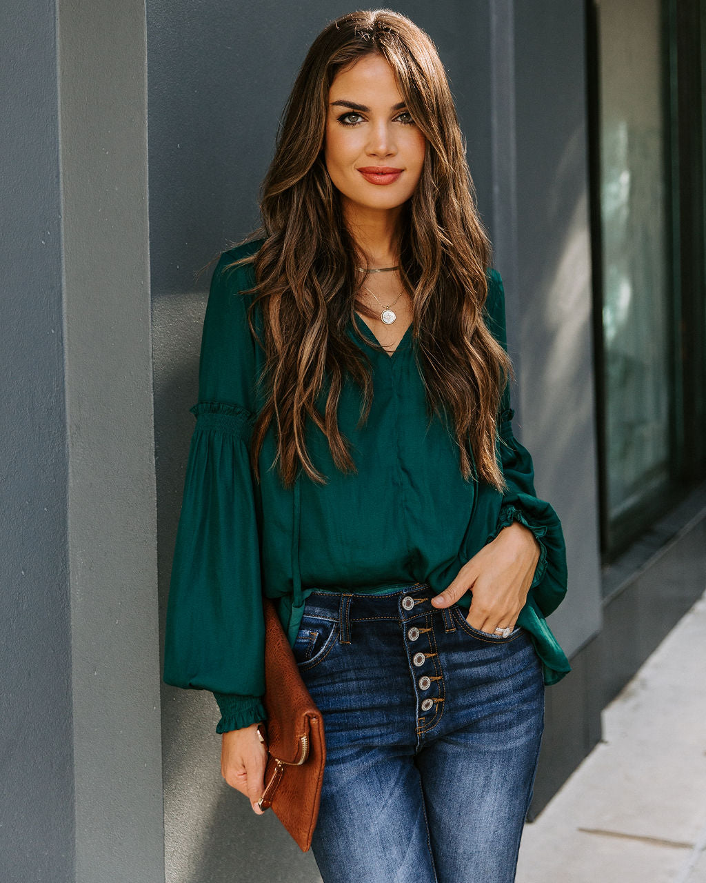 Hollis Satin Smocked Ruffle Blouse - Deep Green Oshnow