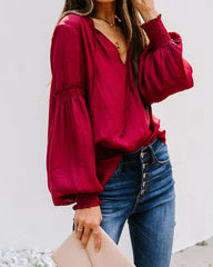 Hollis Satin Smocked Ruffle Blouse - Wine Oshnow