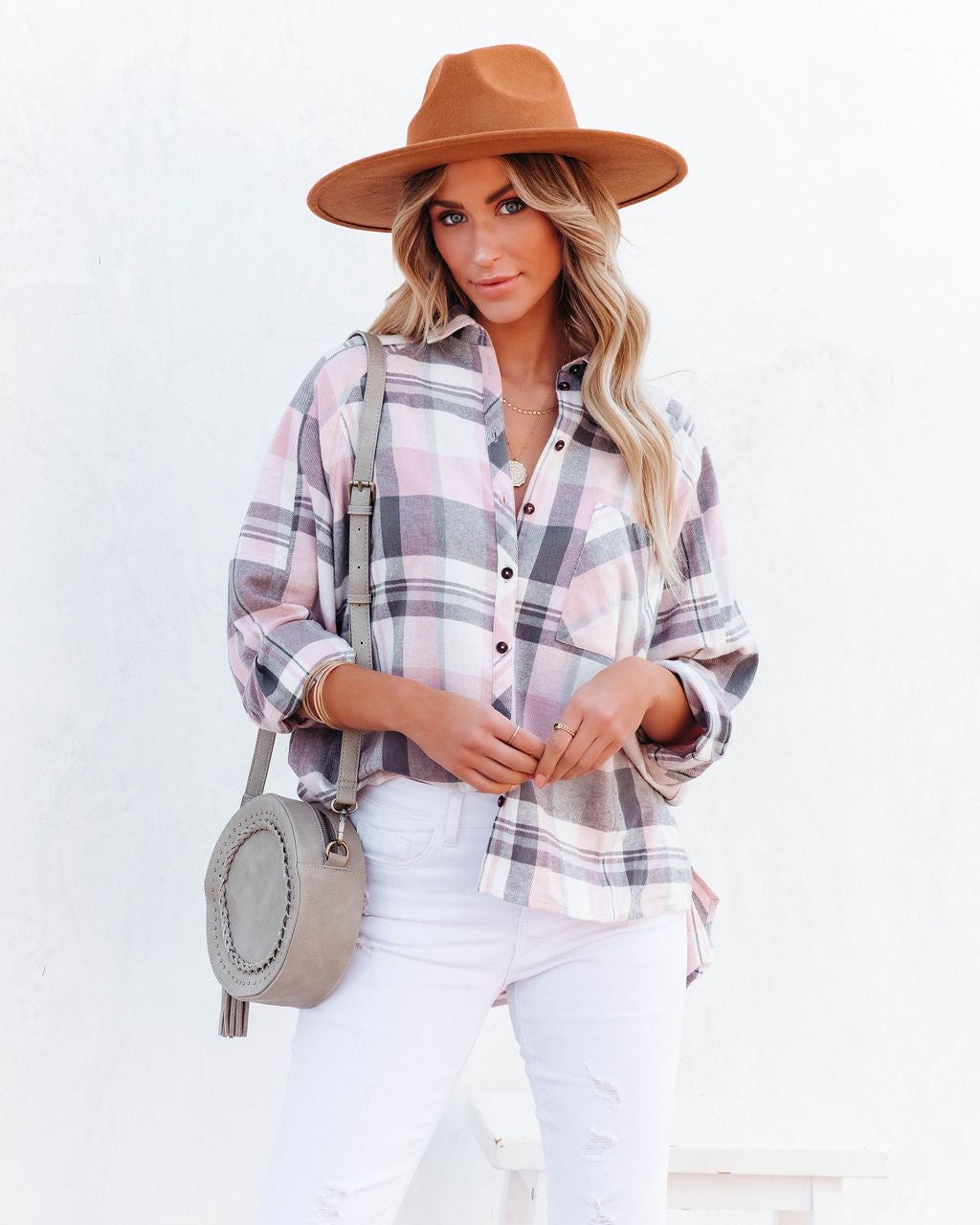 Huckson Cotton Plaid Button Down Top - Pink Grey Oshnow