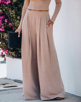 Hermosa Pocketed Ribbed Wide Leg Pants - Mocha