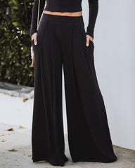 Hermosa Pocketed Ribbed Wide Leg Pants - Dark Charcoal