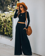Hermosa Pocketed Ribbed Wide Leg Pants - Black