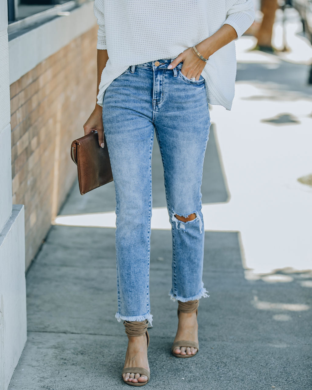 Improv High Rise Distressed Slim Straight Denim Oshnow