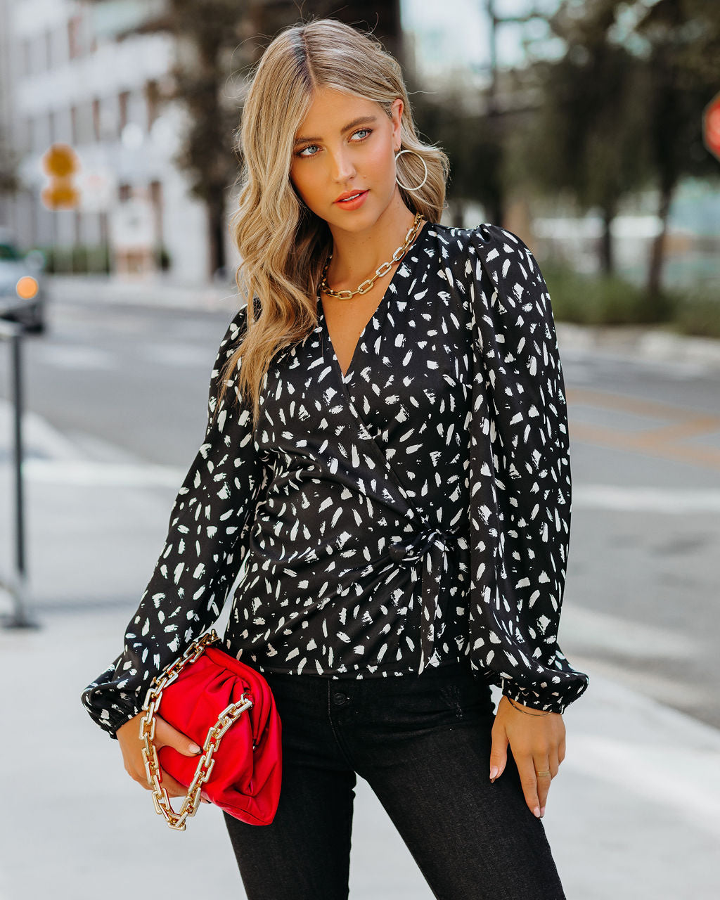 In Awe Satin Printed Wrap Blouse - Black Oshnow